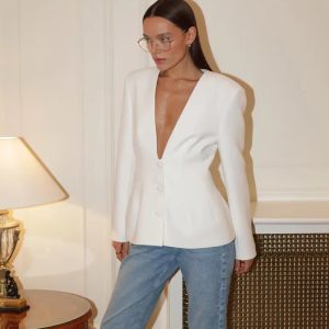 Casual Solid Deep V-neck Single Breasted High Waist Chic Office Lady Blazer - Image 2