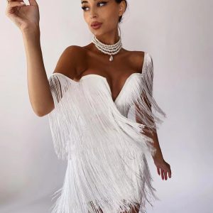 Casual Tassel V Neck Off Shoulder Natural Waist Nightclub Party Bandage Bodycon Mini Dresses - Image 5