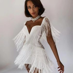 Casual Tassel V Neck Off Shoulder Natural Waist Nightclub Party Bandage Bodycon Mini Dresses - Image 4