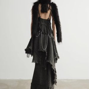 Casual Tassels V-Neck Sleeveless Natural Waist Irregular Vintage Dress - Image 10