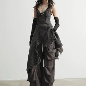 Casual Tassels V-Neck Sleeveless Natural Waist Irregular Vintage Dress - Image 3
