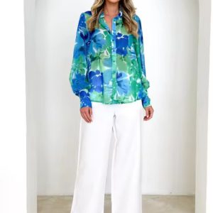 Casual puff Sleeve Cardigan Loose Lapel Print Long-Sleeved Shirt