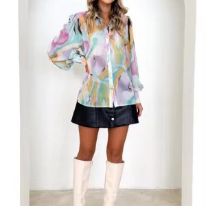 Casual puff Sleeve Cardigan Loose Lapel Print Long-Sleeved Shirt - Image 3