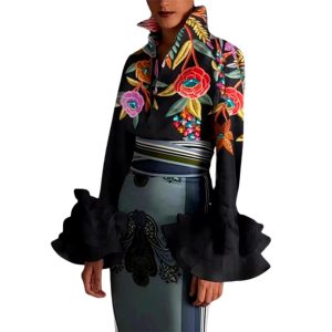 Elegant Flower Printed Turn-down Collar Vintage Flared Sleeves Shirts Tops - Image 2
