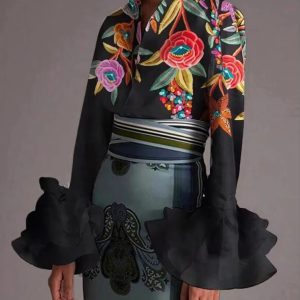 Elegant Flower Printed Turn-down Collar Vintage Flared Sleeves Shirts Tops