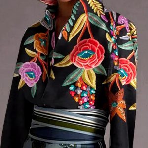 Elegant Flower Printed Turn-down Collar Vintage Flared Sleeves Shirts Tops - Image 3