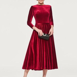 Elegant Jewel Neck 3/4 Length Sleeves A-Line Sash Tea-Length Wedding Guest Mother Dresses