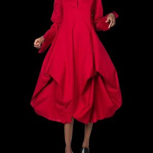 Elegant Long Sleeves Loose Solid Color Stand Collar Midi Dresses