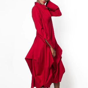 Elegant Long Sleeves Loose Solid Color Stand Collar Midi Dresses - Image 3