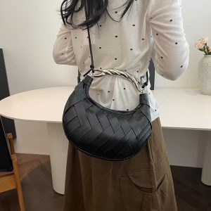 Elegant Solid Half Moon Pu Leather Silt Pocket Crossbody Shoulder Handbags - Image 2