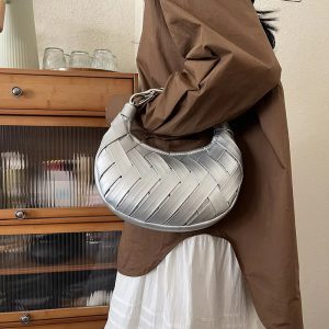 Elegant Solid Half Moon Pu Leather Silt Pocket Crossbody Shoulder Handbags - Image 4