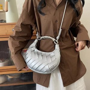 Elegant Solid Half Moon Pu Leather Silt Pocket Crossbody Shoulder Handbags - Image 5