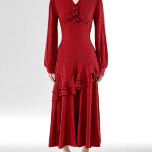 Elegant V Neck Solid Knitting Long Sleeve Spliced Appliques Midi Dresses