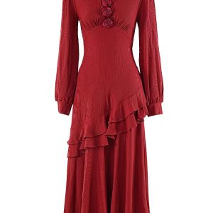 Elegant V Neck Solid Knitting Long Sleeve Spliced Appliques Midi Dresses - Image 2