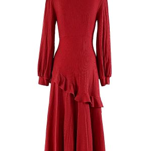Elegant V Neck Solid Knitting Long Sleeve Spliced Appliques Midi Dresses - Image 4