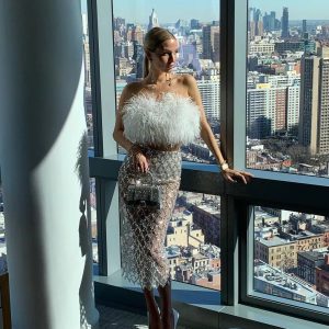 Sequins Feather Bandage Strapless Long Skirt Top Two Piece Suit Party Sets - Image 4