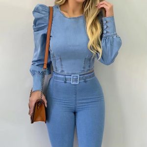 Soft Buttons Cuff Imitation Denim Pullover Puff Sleeve Crop Top