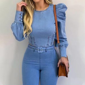 Soft Buttons Cuff Imitation Denim Pullover Puff Sleeve Crop Top - Image 2