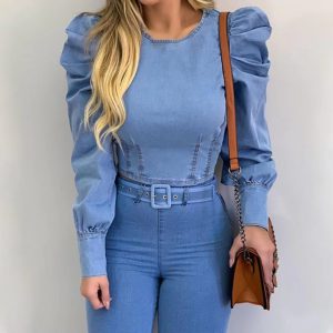 Soft Buttons Cuff Imitation Denim Pullover Puff Sleeve Crop Top - Image 3