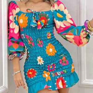 Casual Floral Puff Sleeve Square Collar Vacation Slim Mini Dress - Image 2