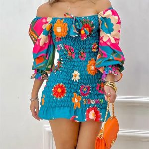 Casual Floral Puff Sleeve Square Collar Vacation Slim Mini Dress - Image 3