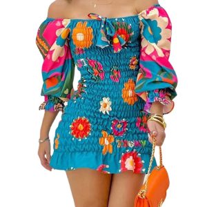 Casual Floral Puff Sleeve Square Collar Vacation Slim Mini Dress - Image 4