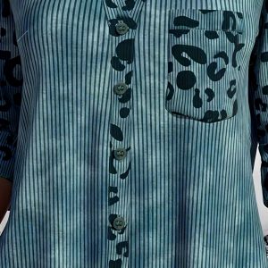 Casual Leopard Print Ribbed Button Up Lapel Collar Shirt - Image 3