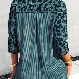 Casual Leopard Print Ribbed Button Up Lapel Collar Shirt - Image 6