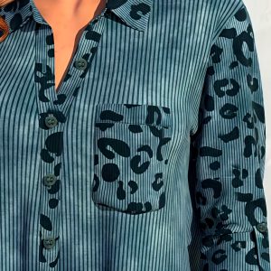 Casual Leopard Print Ribbed Button Up Lapel Collar Shirt - Image 5