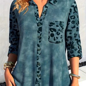 Casual Leopard Print Ribbed Button Up Lapel Collar Shirt - Image 2