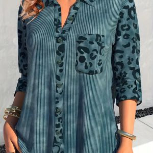 Casual Leopard Print Ribbed Button Up Lapel Collar Shirt