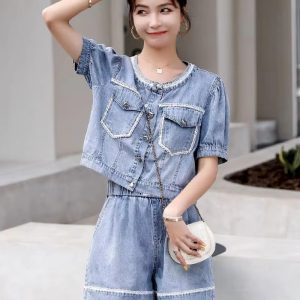Casual Short Sleeve Jean Blouse Fried Street Loose Denim Shorts Two Piece Set - Image 2