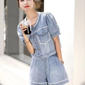 Casual Short Sleeve Jean Blouse Fried Street Loose Denim Shorts Two Piece Set - Image 3