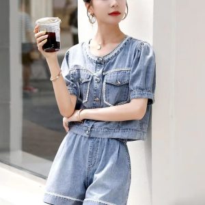 Casual Short Sleeve Jean Blouse Fried Street Loose Denim Shorts Two Piece Set - Image 4