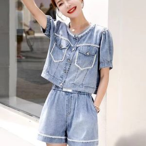Casual Short Sleeve Jean Blouse Fried Street Loose Denim Shorts Two Piece Set - Image 5