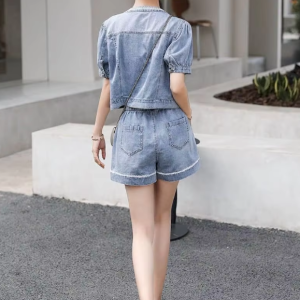 Casual Short Sleeve Jean Blouse Fried Street Loose Denim Shorts Two Piece Set - Image 6