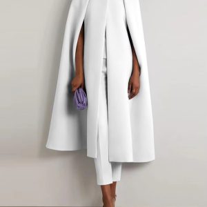 Casual Solid Color Round Neck Cape Long Coat Mid Waist Cropped Pants Two Piece Set - Image 3