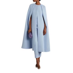 Casual Solid Color Round Neck Cape Long Coat Mid Waist Cropped Pants Two Piece Set - Image 2