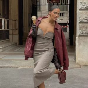 Chic Zipper Braid Leather Lapel Long Sleeve Elastic Streetwear Jacket - Image 4