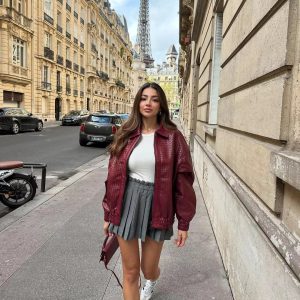 Chic Zipper Braid Leather Lapel Long Sleeve Elastic Streetwear Jacket - Image 2