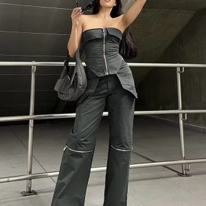 Elegant Strapless Pockets Sleeveless Zipper Tops Skinny Hipster Flared Pants Suit Two Piece Set