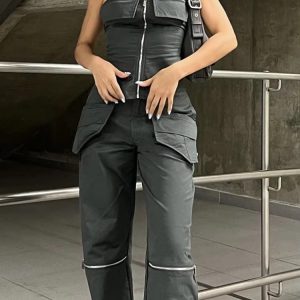 Elegant Strapless Pockets Sleeveless Zipper Tops Skinny Hipster Flared Pants Suit Two Piece Set - Image 4