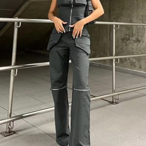 Elegant Strapless Pockets Sleeveless Zipper Tops Skinny Hipster Flared Pants Suit Two Piece Set - Image 5