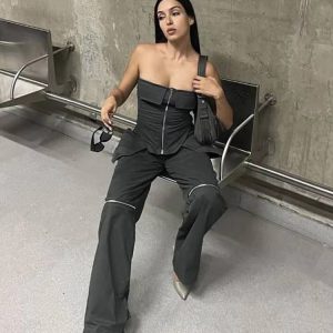 Elegant Strapless Pockets Sleeveless Zipper Tops Skinny Hipster Flared Pants Suit Two Piece Set - Image 3