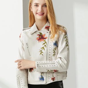 Floral Embroidered Turn-down Collar Full Sleeve Faux Leather PU Jacket