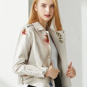 Floral Embroidered Turn-down Collar Full Sleeve Faux Leather PU Jacket - Image 2