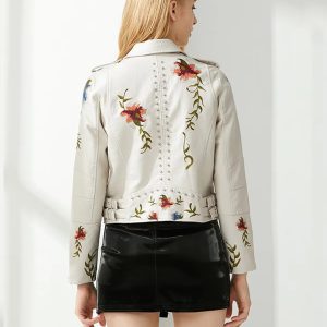Floral Embroidered Turn-down Collar Full Sleeve Faux Leather PU Jacket - Image 3