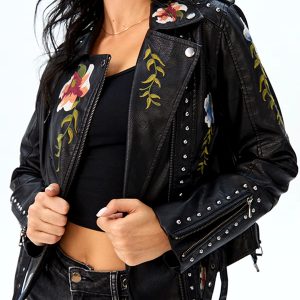 Floral Embroidered Turn-down Collar Full Sleeve Faux Leather PU Jacket - Image 4