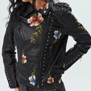 Floral Embroidered Turn-down Collar Full Sleeve Faux Leather PU Jacket - Image 5