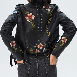 Floral Embroidered Turn-down Collar Full Sleeve Faux Leather PU Jacket - Image 6